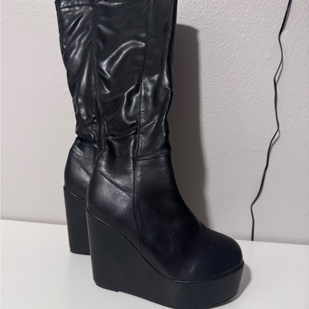 Black Platform Knee-High Boots - Classic Women's Wedge